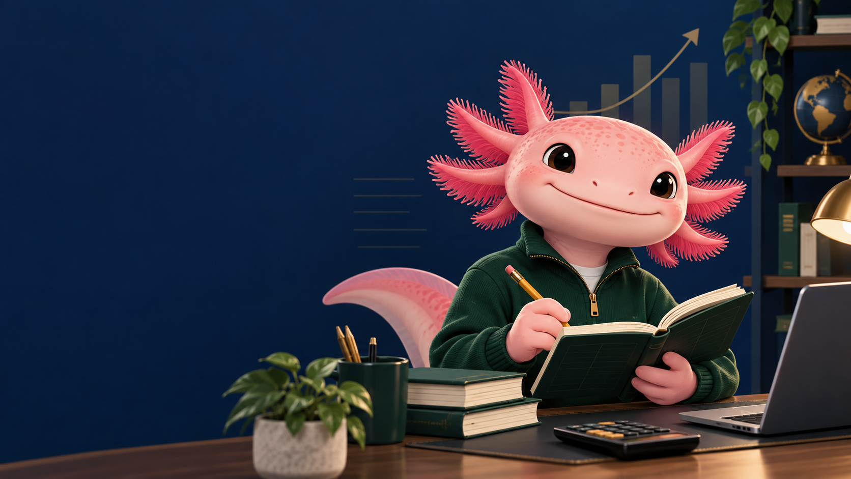 A friendly axolotl studying accounting and finance at a desk